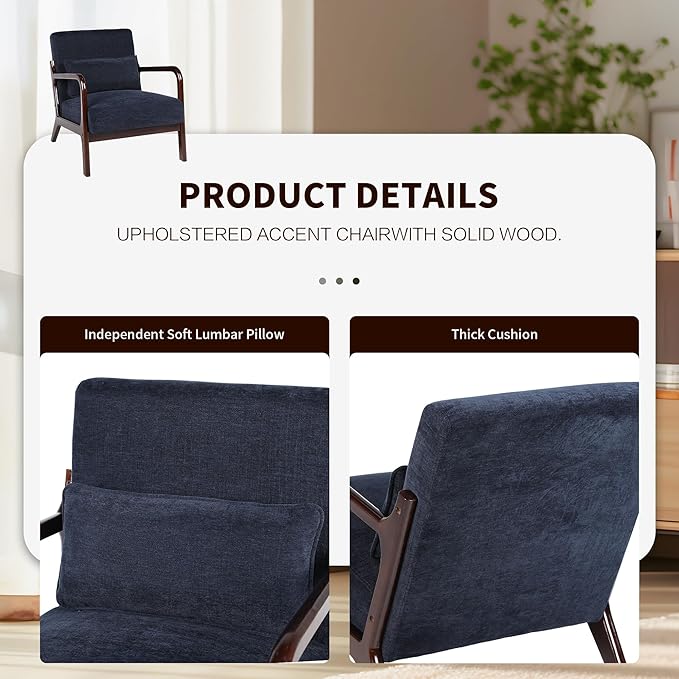 Mid Century Modern Accent ChairComfy Fabric Reading Chair with Retro Solid Wood Frame &amp High Back Upholstered Lounge Arm Side Chair for Living Room Bedroom Balcony (Antique Blue)
