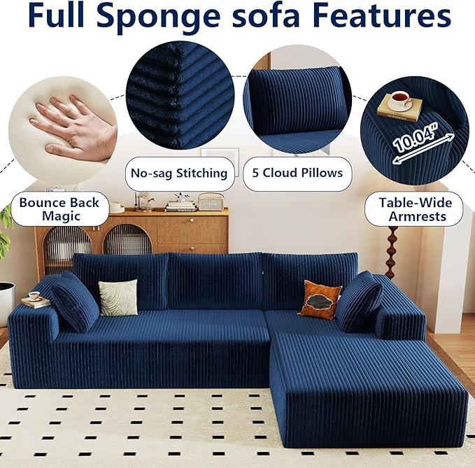 96 Modular Sectional Sofa Modern Corduroy Cloud Couch with Deep Seat Boneless Couch Upholstered 3-Seater L-Shaped Sofa for Living Room No Assembly Required (Blue Right-Facing Chaise)