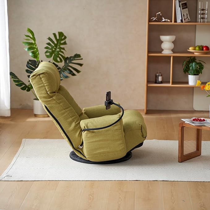 Gwen Upholstered 360° Swivel Chair Lounge Chair with Adjustable Backrest/Headrest Metal Frame Living Room Lounge Sofa and Phone Holder Comfy Bean Bag Chair Green