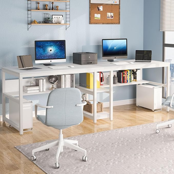 LITTLE TREE Industrial 78.7 Desk with Shelves Double Workstation for Two People Computer Office Desk Writing Table with 3 Drawers Large Metal Tabletop White