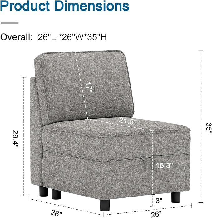 Fabric Middle Module for Modular Sofa Customizable Sectional Sofa Couch Accent Armless Chair with Storage Seat Single SeatGrey