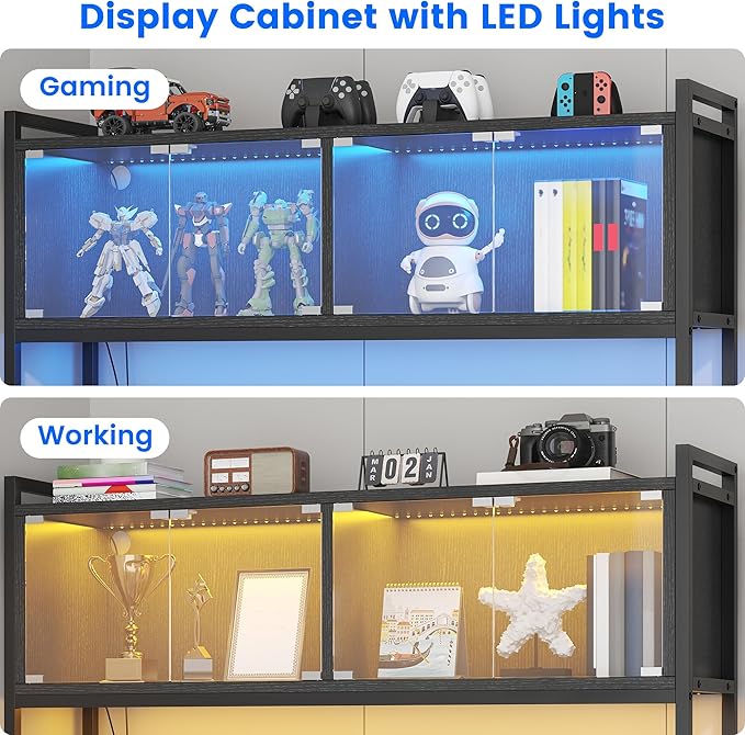 L Shaped Gaming Desk with DIY Pegboard Home Office Computer Desk with Raised Display Stand 2 Drawers and LED Glass Cabinets Corner Desk with Printer Desktop&ampPower Outlet Black