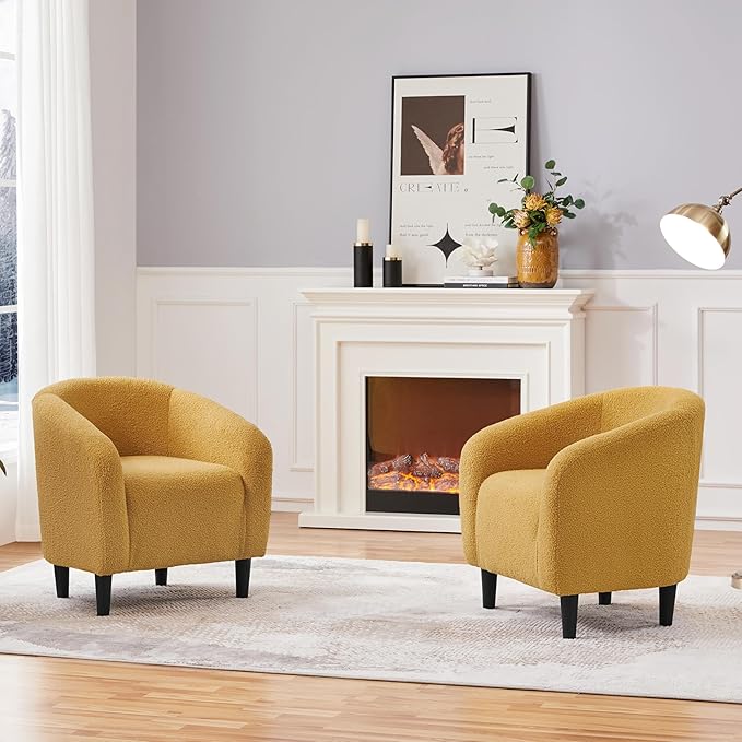 Yaheetech Accent Chairs for Living Room Furry Barrel Chairs Set of 2 Sherpa Chairs with Soft Padded Armrest Club Chairs for Bedroom Waiting Room Office Mustard Yellow