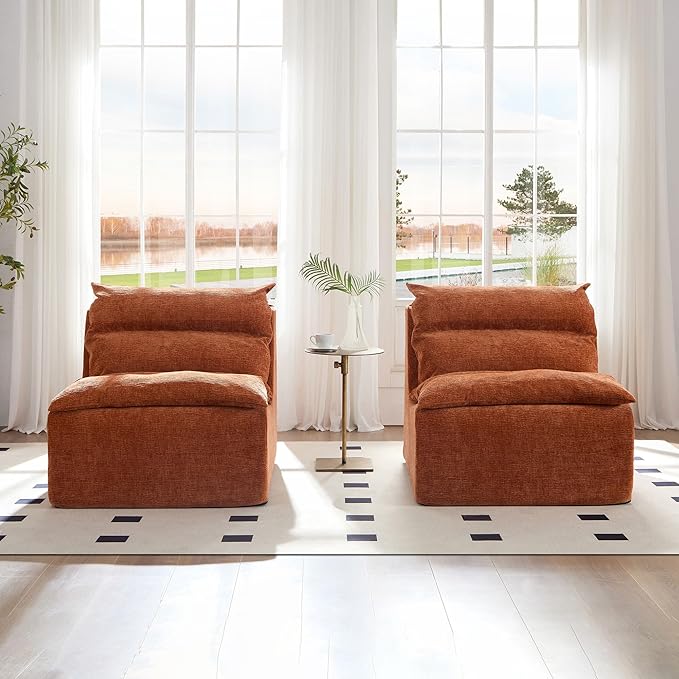 JUSTONE Modular Sofa-No Armrests Floor SofaNeck Pillow-Back Lounge Sofa Chair Accent Bean Bag Chair Lazy Floor SeatingSmall Sofa for Living RoomApartment Guest RoomSingle SeatOrange