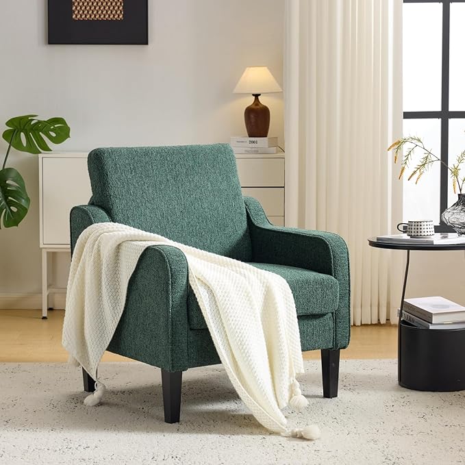 VINGLI Upholstered Chenille Accent Chair for Living Room Bedroom Mid-Century Modern Arm Chair Comfy Reading Chair with Scooped Arms (2 Dark Green)