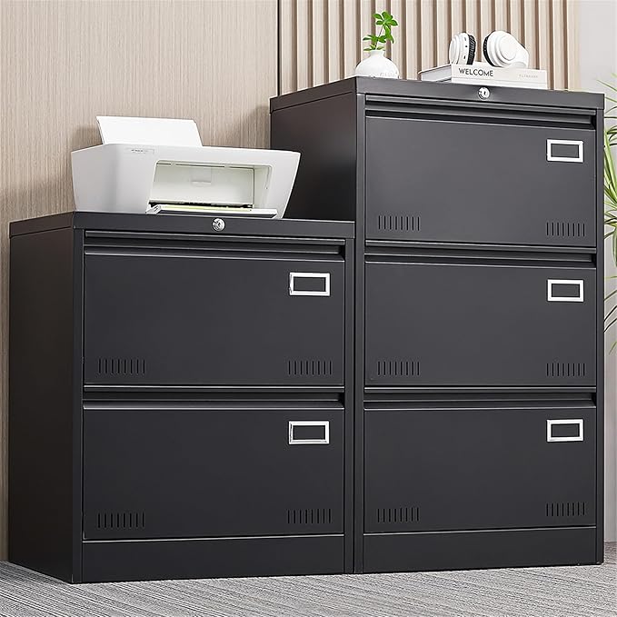 2 Drawer Metal Lateral File Cabinet with Lock Office Vertical File Cabinet for Home Office Legal/Letter/A4 Size Locking Metal File Cabinet Assembly Required Storage Drawers (Black)