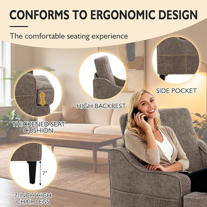 Accent Chair for Living Room Upholstered Living Room Chair with Side Pockets Comfy Accent Chairs for Bedroom Mid Century Modern Armchair for Office Apartment Waiting Room Club (Brown)