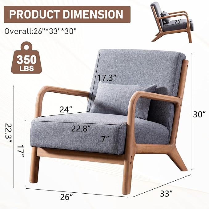 ANJ Mid Century Modern Accent Chair Single Fabric Lounge Reading Armchair with Solid Wood Frame Easy Assembly Arm Chairs for Living Room Grey