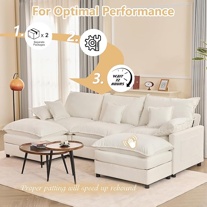 108 U Shaped Couch Modular Sectional Sofa 3-Seater Comfy Cloud Couch Set of Modular Pieces with Movable Ottoman Deep Seat Couches for Living Room Chenille Ivory