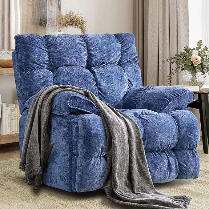 Oversized Rocker Recliner Chair for AdultsOverstuffed 360° Swivel Rocking Recliner Extra Wide Breathable Fabric Manual Reclining Single Sofa for Living Room (Blue)