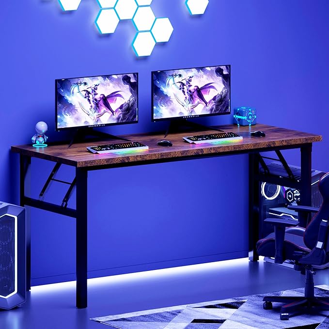 DlandHome Folding Table Computer Desk 62 Inches Workstation Table Conference Table Home Office Desk Fully Assembled Retro and Black Frame