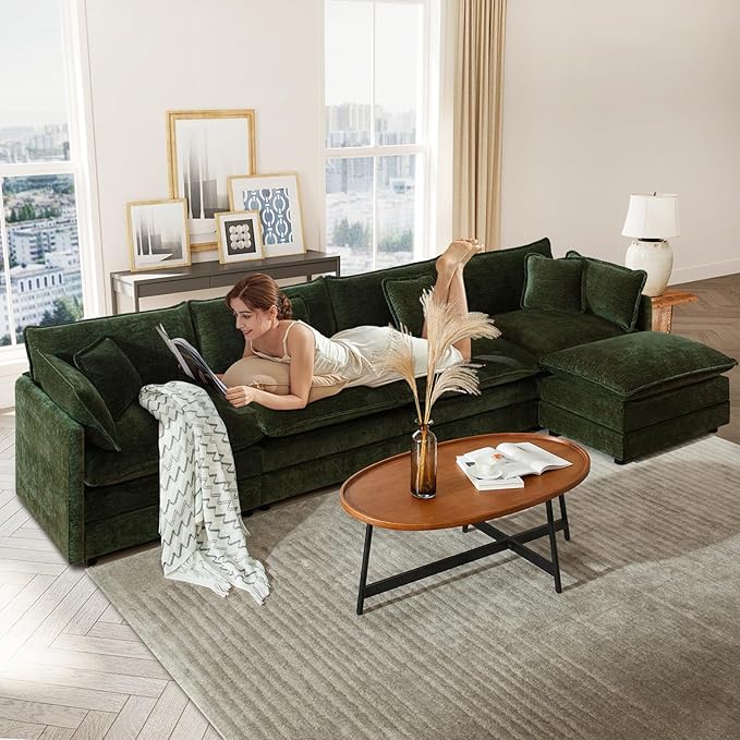 149.6 Oversized Modular L-Shaped Sectional Sofa with OttomanChenille 4-Seat Deep Seating Couch for Large Living Room &amp Home TheaterGreen | High-resilience Foam Deep Seat Medium Soft Removabl