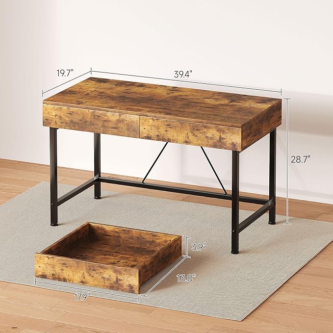 VERMESS 40 Inch Solid Wood Desk with Drawers Small Computer Desk for Small SpaceModern Makeup Vanity Desks No Mirror Writing/Study/Work Table for Home Office Kids Desks for Bedroom Rustic Brown