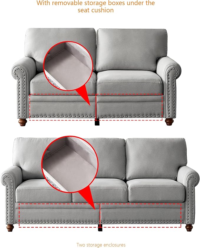Sofa Set of 2 2+3 Seats Living Room Sofa Set: Loveseat and Three-Seat Sofa Chesterfield Style Nailhead Trim Rolled Arms 2 Piece for Apartment Office Grey
