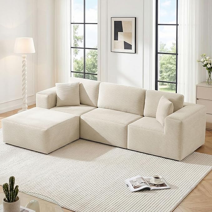 106 Cloud Sectional Couch with Ottoman L Shaped Boneless Couch with Deep Seat 3 Seater Corduroy Modular Sectional Sofa for Living Room No Assembly Required Cream Beige