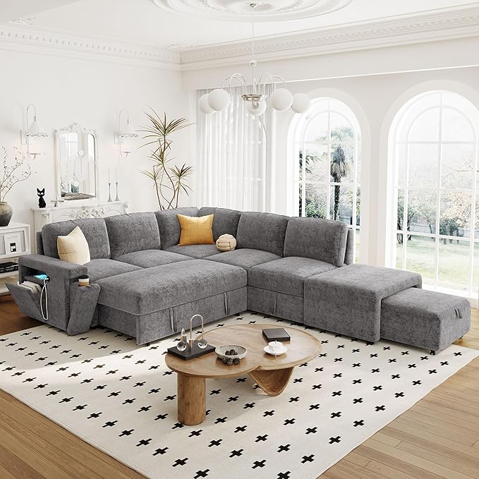 Convertible Sleeper Sectional Sofa with Pull-Out Bed and Storage Space &amp Ottoman Armrest w/USB Ports &amp Cup Holders Corner 6 Person L-Shape Modular Couch for Living Room Apartment (Grey)