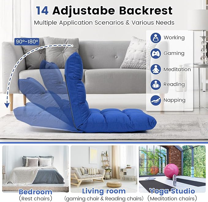 ERGOMASTER Floor Chair with Back Support Adjustable Folding Gaming Chair - 14-Position Cushioned Lazy Sofa for TV Reading Meditating Video Gaming - 264 lbs Capacity