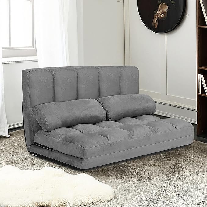 DORTALA Foldable Floor Sofa 6-Position Adjustable Lounge Couch with 2 Pillows &amp Suede Cloth Cover Modern Lounge Mattress Video Gaming Lazy Couch Floor Seating Sofa 71 x 44.5 Grey