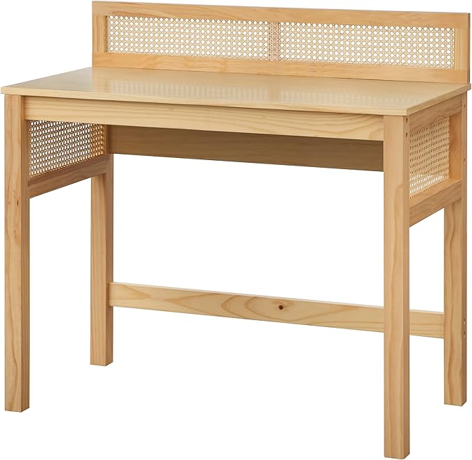 Carro 39 Cane Rattan Computer Desk Chic Woven Panels Decorative Back &amp Side Design Compact Home Office Table Workstation Light Oak