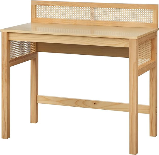 Carro 39 Cane Rattan Computer Desk Chic Woven Panels Decorative Back &amp Side Design Compact Home Office Table Workstation Light Oak