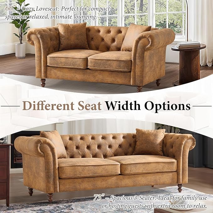 TTK 79 Chesterfield Faux Leather Sofa Couch Upholstered Tufted Rolled Arm 3-Seater Couch with 2 Pillows Mid Century Modern Chesterfield Sofa for Living Room Office Apartment Brown | Button Tufte