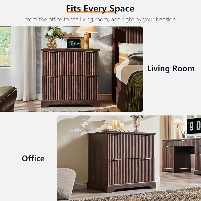 JXQTLINGMU 2 Drawer File Cabinet with Charging Station 30 Fluted Lateral File Cabinet w/Files Hanging Rod for Letter/Legal/A4 Large Tabletop for Printer Office Wood Printer Cabinets Dark Walnut