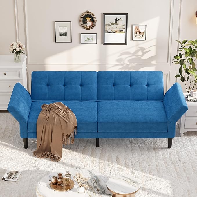 GarveeHome 89 Futon Sofa Bed Convertible Sleeper Sofa with Adjustable Backrest &amp Armrest Modern Futon Couch Bed Loveseat Sleeper for Living Room Bedroom Apartments Blue