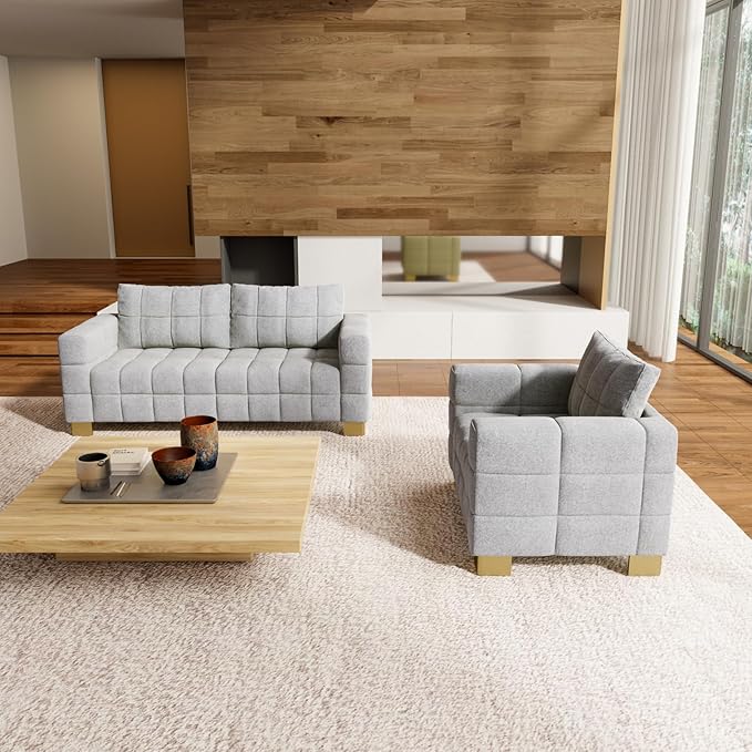 81.89 Sofa Comfy 3 Seat Sofa Tufted Chenille Upholstered Sofa Couch for Living Room with Gold Metal Legs and 2 Throw Pillows (Grey+1.5S)