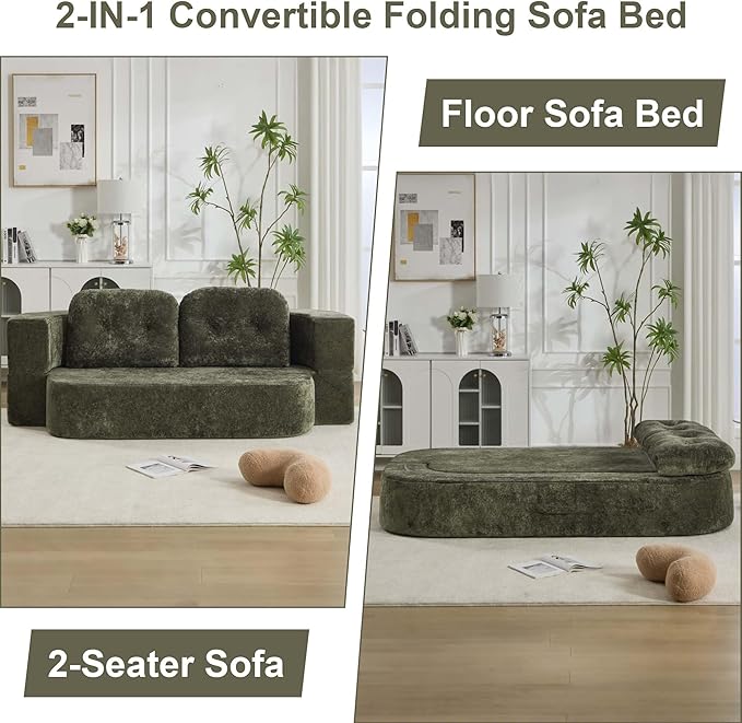 KIVENJAJA 78.7 Boneless Loveseat Convertible Folding Sofa Bed Full Size with Pillows Comfy Cloud Fold Out Couch Foldable Sleeper Sofa Bed for Living Room Small Spaces Office Apartment Green