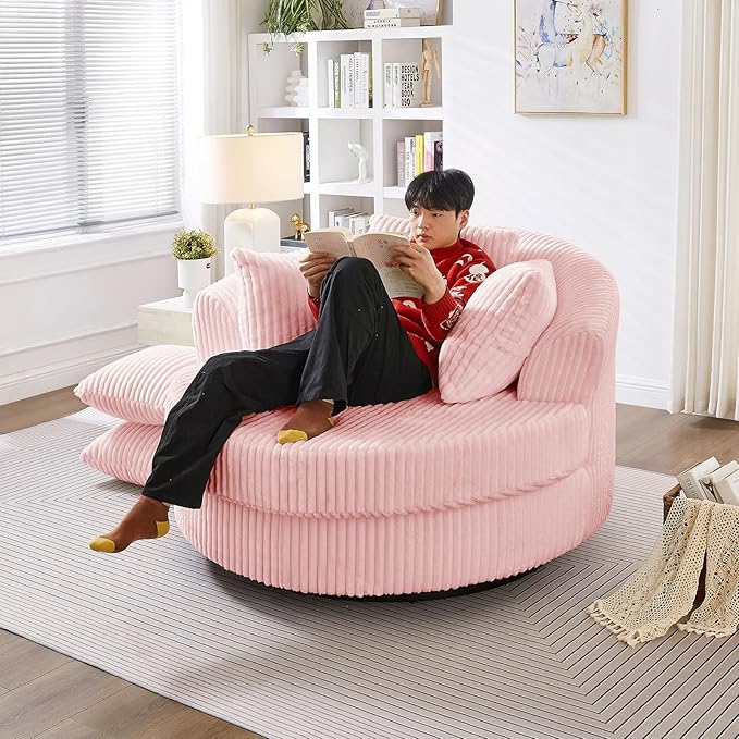 360° Swivel Accent Barrel Chair Corduroy Comfy Round Swivel Chair with Mental Base &amp Pillows Modern Lounge Reading Armchair Upholstered Plush Sofa Chairs for Living Room Bedroom Apartment(Pin