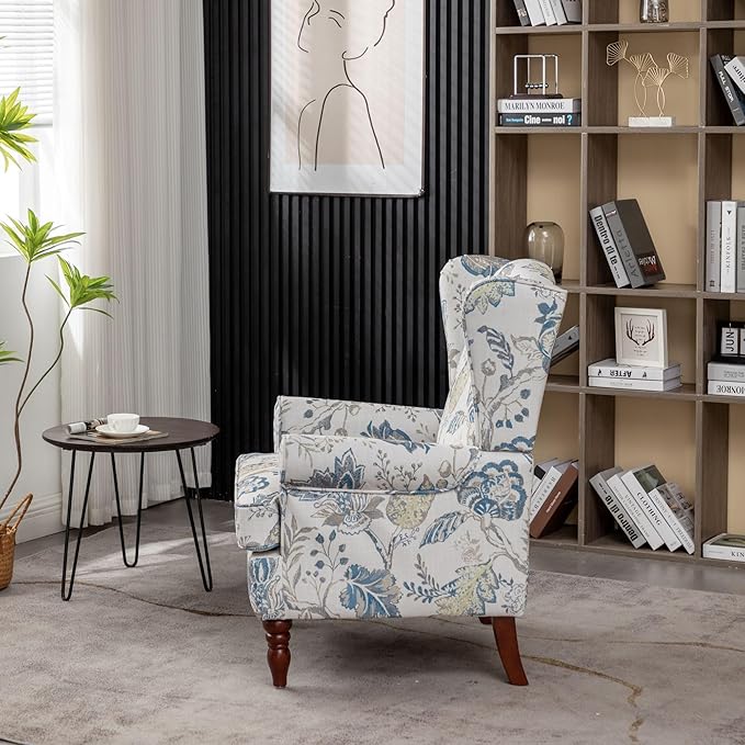 Modern Accent Chair with Retro Wood Legs Comfy Upholstered Armchair Floral Design Single Sofa Chair for Living Room Bedroom Office - Floral