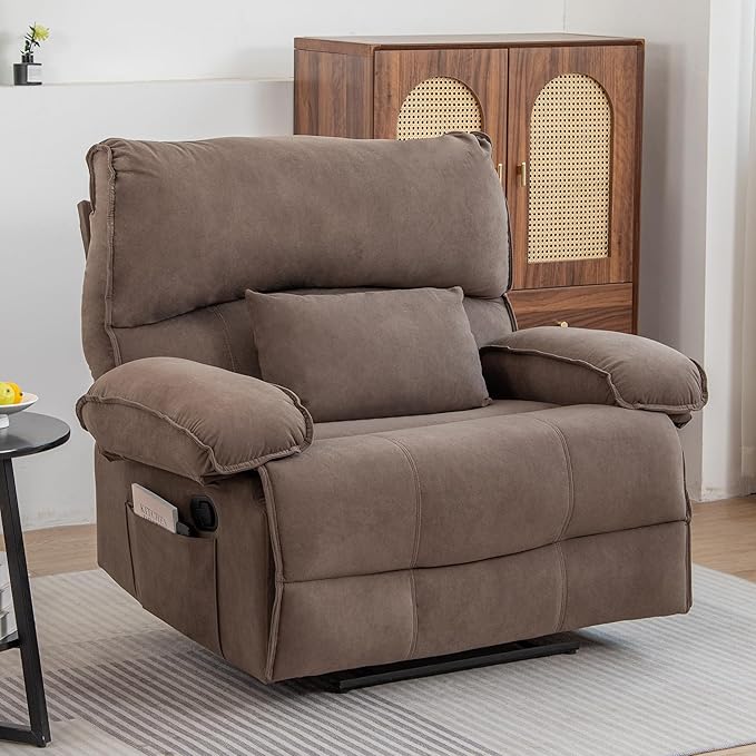 Extra Wide Velvet Manual Recliner Chair for Adults Oversized 27’’ Seat Width Reclining Sofa with Massage and Heating for Big and Tall People Overstuffed Lazy Boy Couch for Living Room Brown