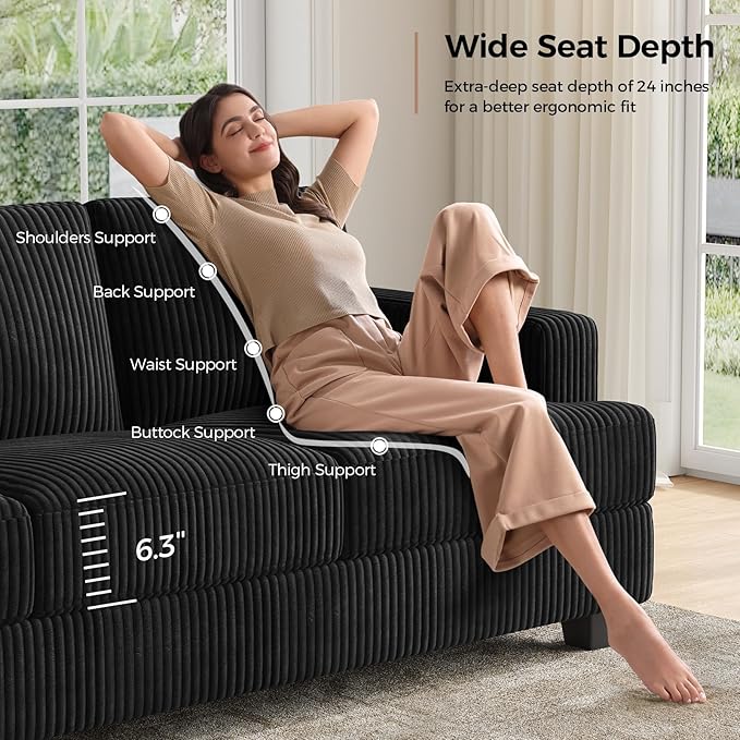 89 Inch Sofa with Extra Deep Seats Oversize 3 Seater Sofa for Living Room Modern Couch and Sofa Comfy Armrests and Seats and Backrests Easy InstallationWide Corduroy Fabric Black