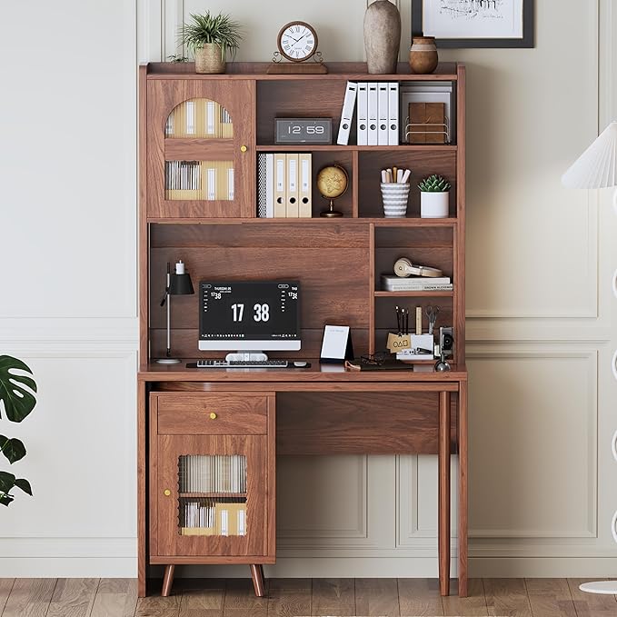 Bookcase Cabinet with Computer Desk Degree Rotating Desktop 43x70 Inch Office Desk with Drawer and Cabinets Gaming Writing Work Desk with Shelves for Study for Home Office Living Room (Walnut)