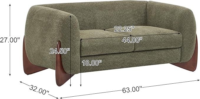 Merax 63 Inch Modern Boucle Upholstered 2-Seater Sofa Chenille Fabric Loveseat with Solid Wood Legs Low Profile Small Couch for Living Room Olive Green