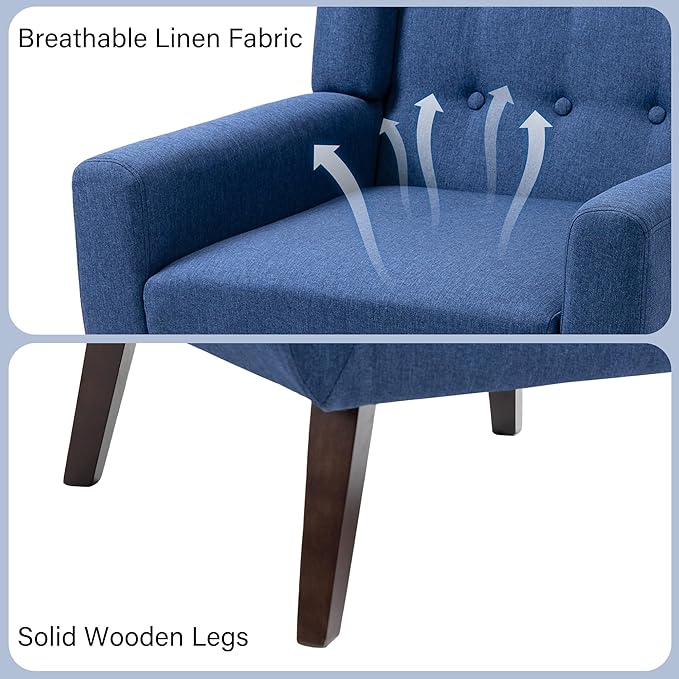 Accent Chair Mid-Century Modern Fabric Chairs with Arms for Living Room Comfy Upholstered Club Single Sofa Armchair for Bedroom Waiting Room with Solid Wood Frame (Fabric Navy Blue Set of 1)