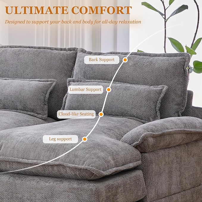 126 Modular Sectional Sofa with Storage Console Cloud Couch Chenille U-Shaped Sofa Cup Holders &amp Wireless Charger Memory Foam Double Chaise for Living Room Office Grey