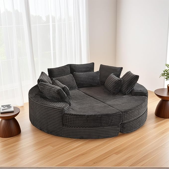 78.5 Corduroy Boneless Round Oversized Sofa Converts into Two Recliners 2-in-1 Sofa Bed Convertible Lounge Chair Neck Pillow Design with Five Throw Pillows (Black Full Circular Sofa)