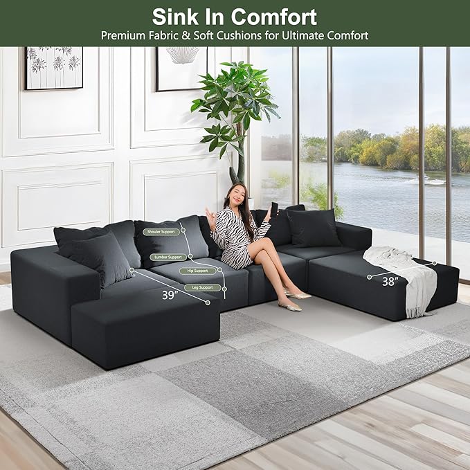 132 Modular Sectional Sofa Cloud Couch Sectional Modern Chenille Upholstered L-Shaped Sofa Set with 6 Pillows Deep Seat Comfy Couch for Living Room Free Combination No Assembly Required (Black)