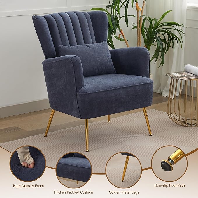 Fabric Accent Living Room Arm Chair Set of 2 Mid Century Modern Chairs with Pillow &amp Golden Legs 8.5 Thick Cushion Upholstered Comfy Sofa Armchair for Reading Room/Bedroom Navy