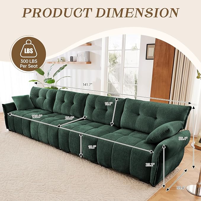 Leyu&ampHafort Modular Sectional SofaCloud Sectional Couch with Deep SeatModern Modular Couch with Movable OttomanChenille Sofa with Throw Pillows for Living RoomBedroom (142-4 SeaterGreen)