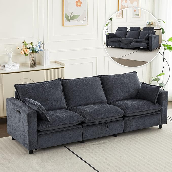 Oversized Power Reclining Sofa with Adjustable Headrest Storage Seat Power Loveseat Recliner Sofa with USB Port Wall Hugger Comfy Cloud Couch Chenille for Living Room (Grey Sofa)