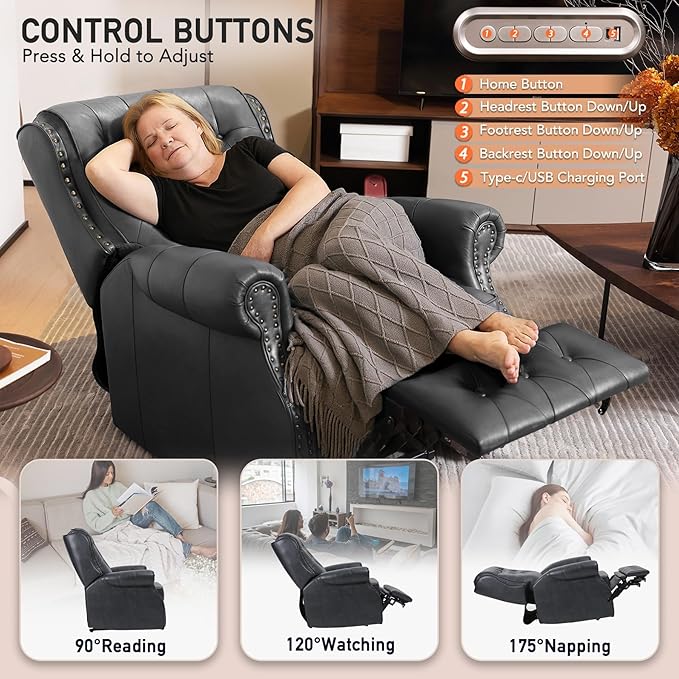 EONIX Dual Motor Lay Flat Power Recliner Chair Mid Century Wingback Recliner with Independent Adjustable Backrest and Extended Footrest 400lbs Heavy Duty Breathable Faux Leather Black