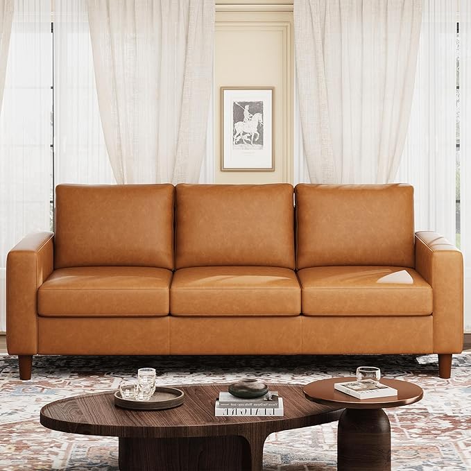 GarveeHome Leather Sofa 83 in Mid-Century Modern Couch 3 Seater Sofa with Armrests and Comfy Cushions Deep Seat Sofas for Living Room Bedroom Office