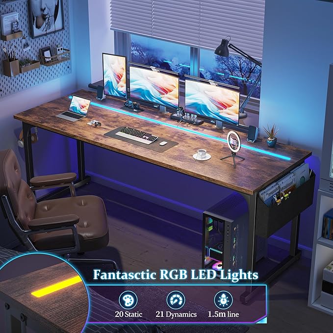 71 Inch Computer Desk with LED Lights Office Desk for Home Office Study Desk Writing Table with Storage Bag Headphone Hook Rustic Brown