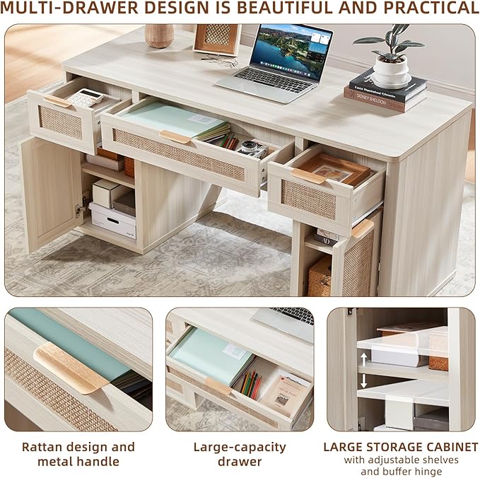 LEYAOYAO Office Desk 56 with 5 Drawers Storage File Cabinet Rattan Wood Desk for Computer Office Bedroom Home Furniture Light Gray