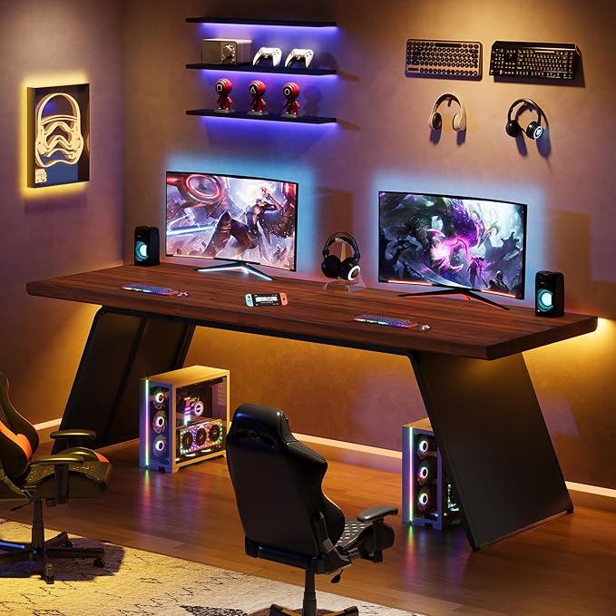 Tribesigns 79” Double Desk for Two People Extra Long Computer Desk with Walnut Wood Top &amp Black Metal Base Heavy Duty 2 Person Home Office Writing &amp Gaming Table
