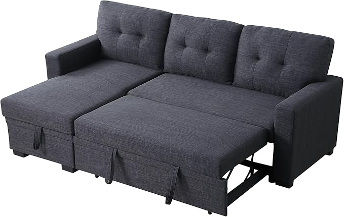 ACQCA 82 Convertible Sectional Sleeper Sofa with Storage Chaise L Shaped Pull Out Couch Bed with 3 Tufted Back Cushion for Living Room ApartmentOfficeDark Gray