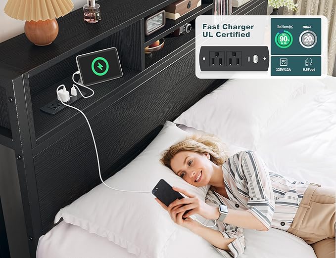EnHomee Queen Bed Frame with 6 Storage Drawers Queen Size Bed Frame with Headboard Storage Bed with Charging Station No NoiseNo Box Springs NeededBlack