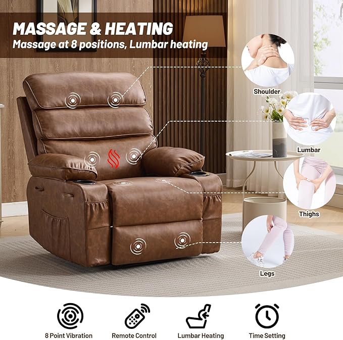 Garvee PU Leather Manual Recliner Chair with Massage and Heat 27 Extra Wide Seat 400 lbs Capacity Thickened Sponge Armrests and Back Cup Holders &amp Side Pocket Living Room or Bedroom Brown